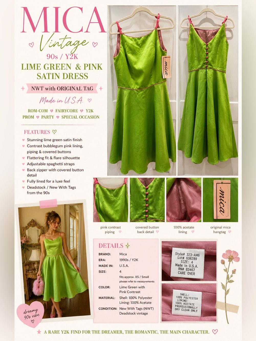 Mica Lime Green Satin Dress with Pink Contrast - Spaghetti Strap Formal Dress